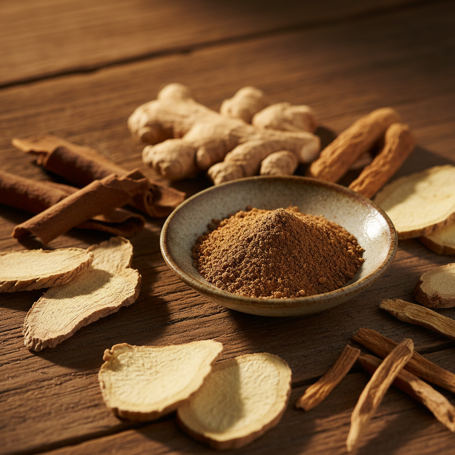 Traditional Chinese medicinal herbs and powdered herbal formula in a ceramic dish